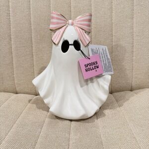 NWT LED Spooky Hollow Ghost Halloween Figurine Ceramic Light Up Stripe Bow Decor